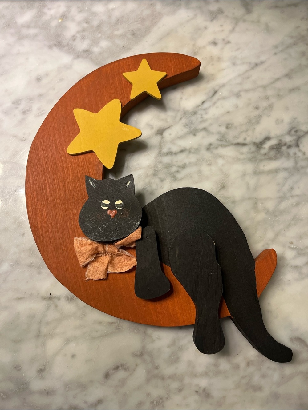 Wooden Black Cat  on Orange Crescent Moon with Yellow Stars
